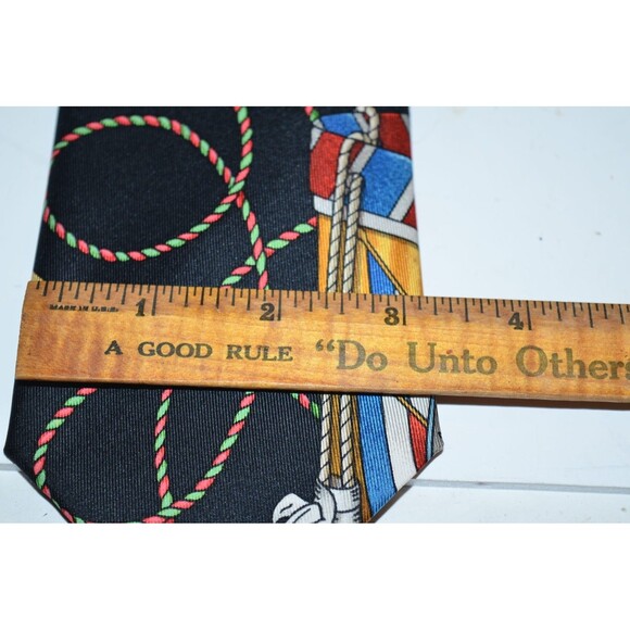 Vtg Hermes Les Tambours Black Gold drums tassels Tie 100% Silk Made in France - Picture 9 of 10